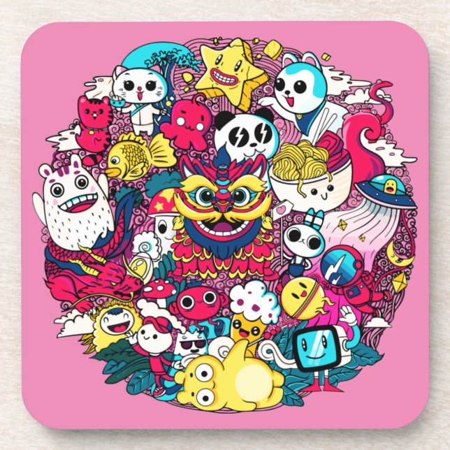 Japanisches Doodle Art Throw Kissen Getränkeuntersetzer (Vorderseite)