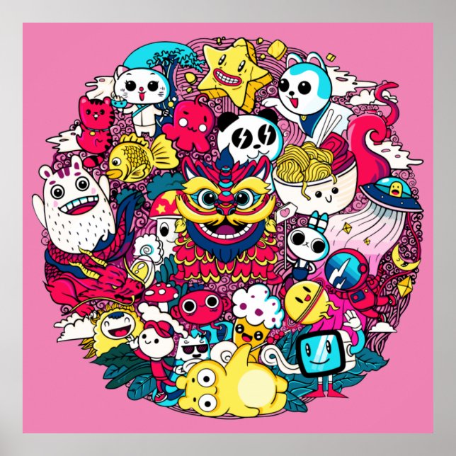 Japanisches Doodle Art Throw Kissen Poster (Vorne)