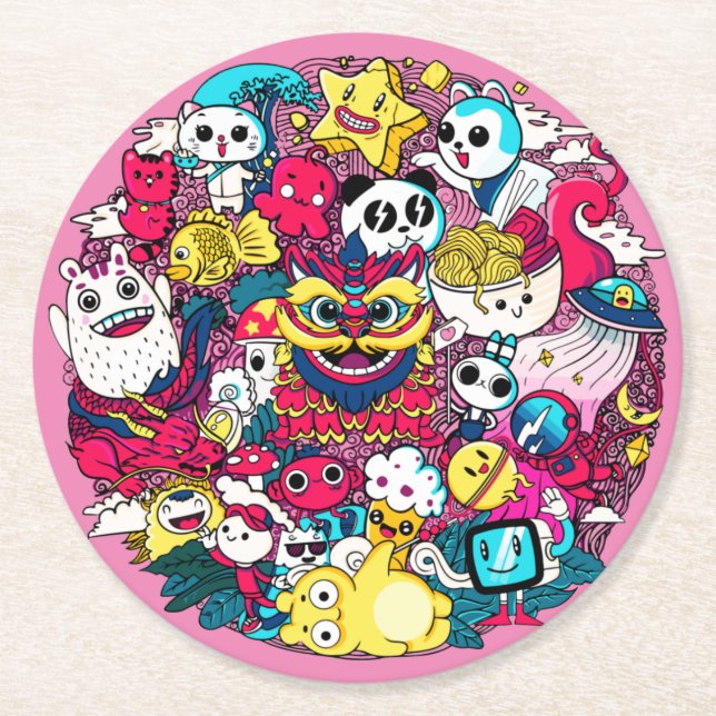 Japanisches Doodle Art Throw Kissen Runder Pappuntersetzer (Vorderseite)