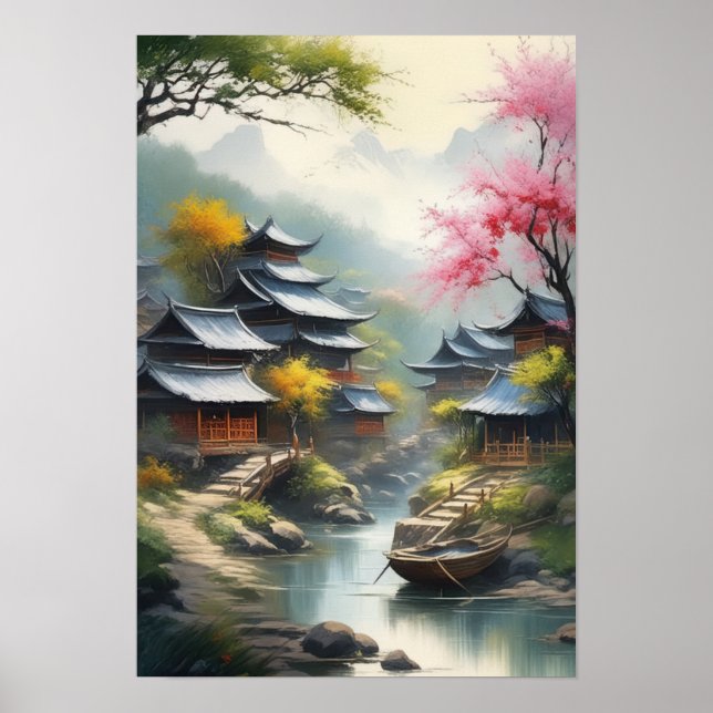 Japanisches Dorf im Misty Valley Poster (Vorne)