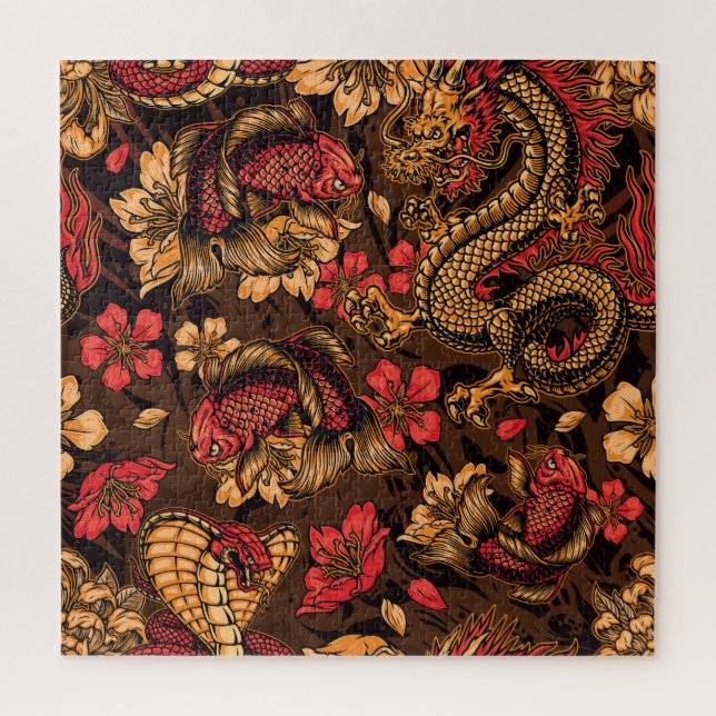 Japanisches Drachen-Koi-Muster. (Vertikal)