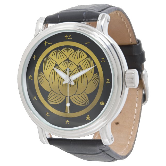 Japanisches Familienwappen-Lotus Armbanduhr (Schrägansicht)