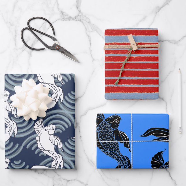JAPANISCHES FISCHPATTERN FLACHENBLATT GESCHENKPAPIER SET (Vorderseite)