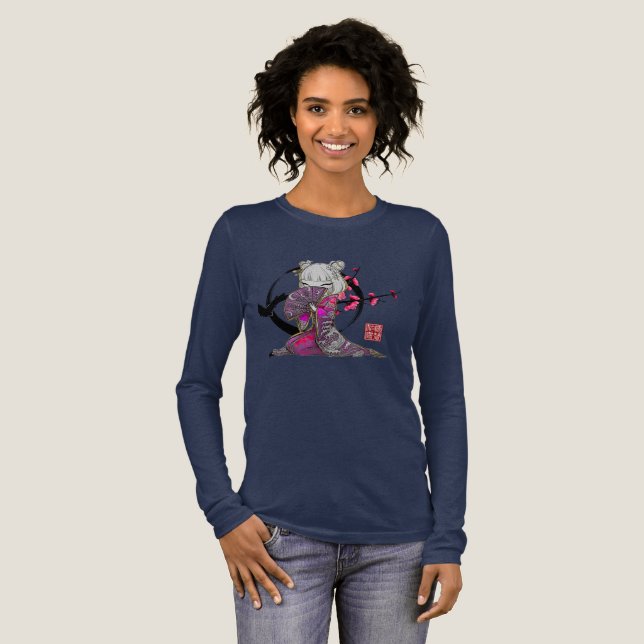 Japanisches Geisha-Langarm-T-Shirt für Damen Tri-Blend Shirt (Volle Vorderseite)