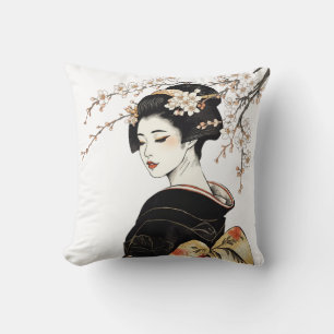 Japanisches Geisha-Mädchen & Blüten Schwarz Gold Kissen