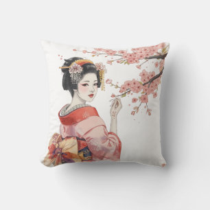 Japanisches Geisha-Mädchen und rosa Kirschblüten Kissen