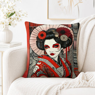 Japanisches Geisha-Porträt Gothic Rot Schwarz Kissen