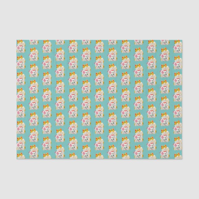 Japanisches glückliches Katzen-Muster aquamarin Seidenpapier (Vorderseite)