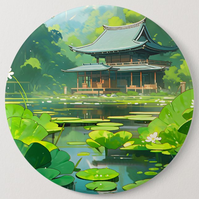 Japanisches Haus und See mit grünen Liftpflastern Button (Vorderseite)