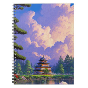 Japanisches Holzschloss am bezaubernden See Notizblock