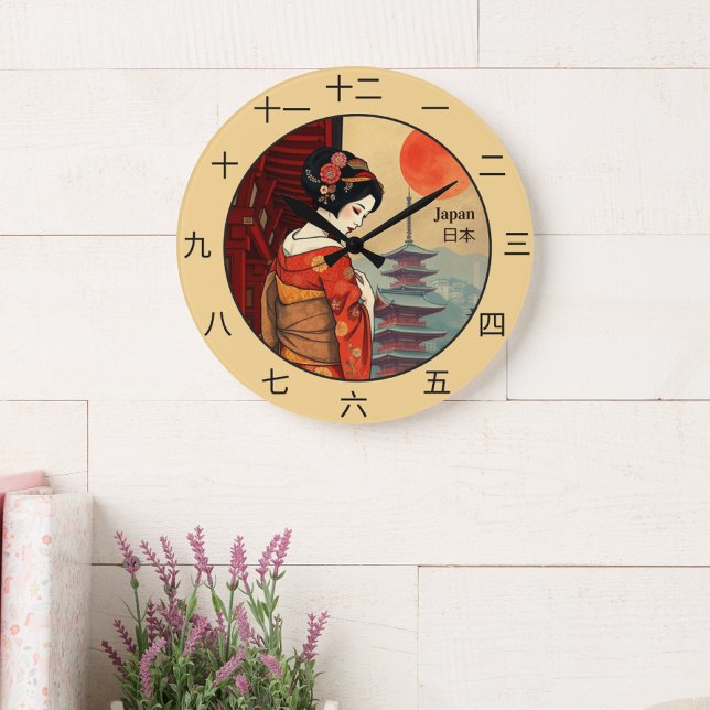 Japanisches Kanji unterzeichnet 日 本 Maiko geisha Große Wanduhr (Von Creator hochgeladen)