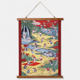 Japanisches Katzen Land, Utagawa Kunitoshi Wandteppich Mit Holzrahmen