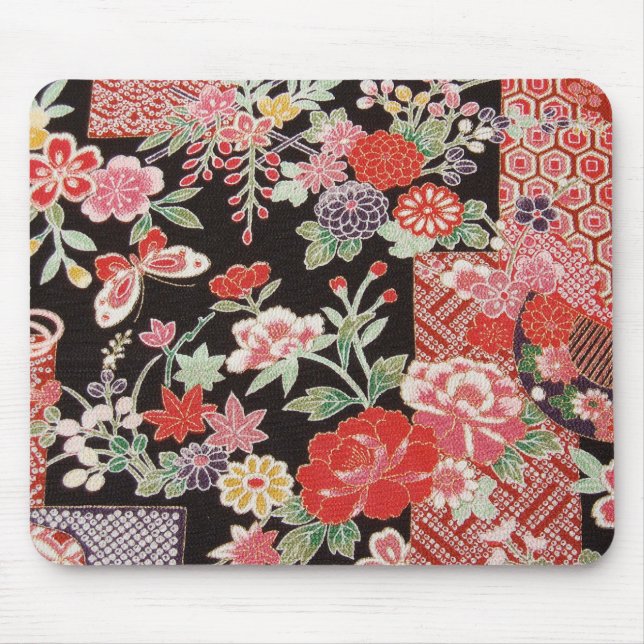 Japanisches KIMONO Textil, Blumenmuster Mousepad (Vorne)