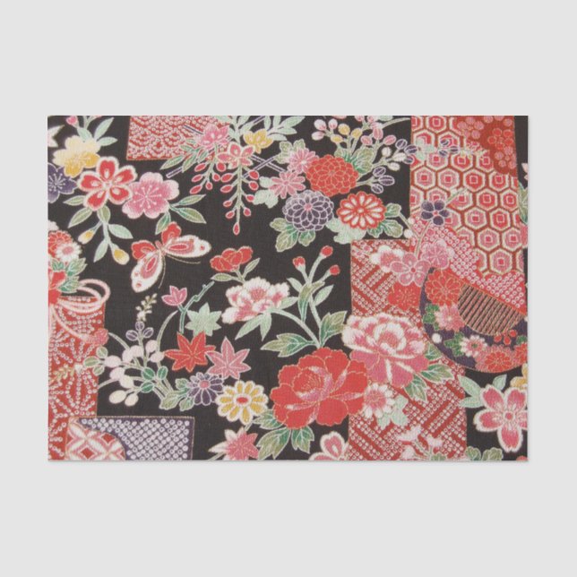 Japanisches KIMONO Textil, Blumenmuster Seidenpapier (Vorderseite)