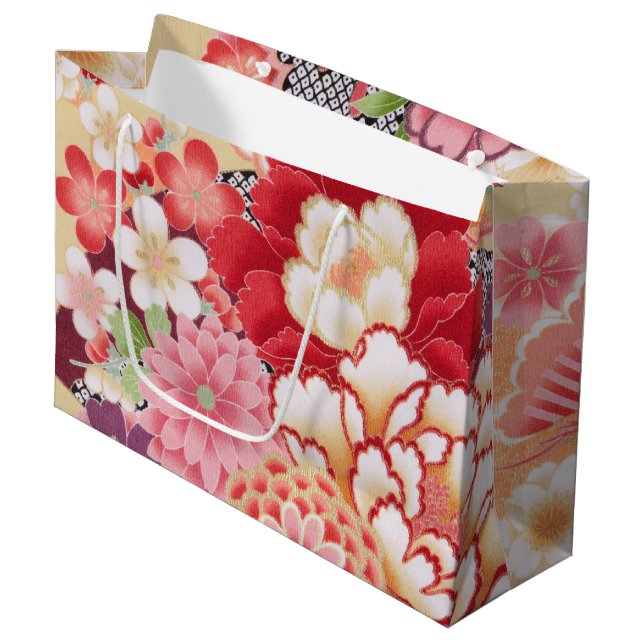 Japanisches KIMONO Textil, Floret Muster Große Geschenktüte (Vorderseite Schrägansicht)