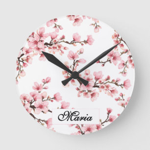 Japanisches Kirschblüten-Monogramm Rosa Blau Runde Wanduhr