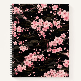 Japanisches Kirschblüten-Monogramm Rosa Schwarz Notizbuch