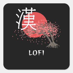 Japanisches Lofi Hip Hop Kanji Kirsch Blossom Lofi Quadratischer Aufkleber