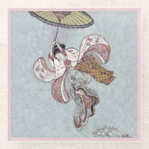 Japanisches Mädchen-Fliegen mit Regenschirm Glasuntersetzer