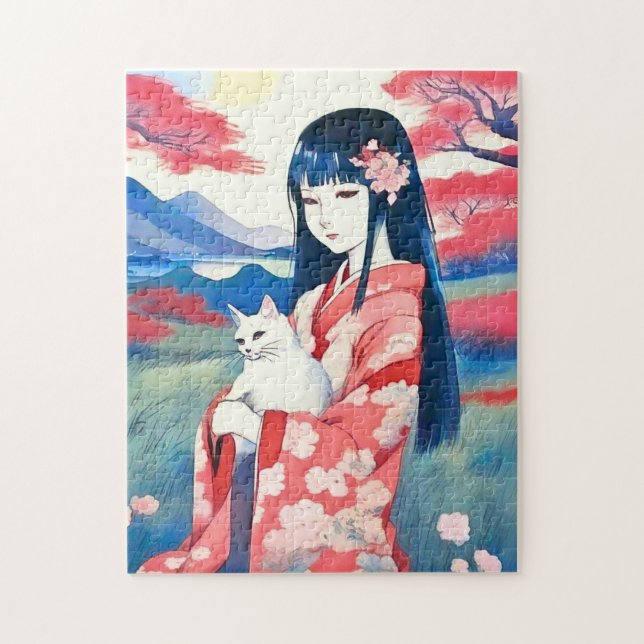 Japanisches Mädchen mit einer weißen Katze (Vertikal)