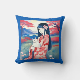 Japanisches Mädchen mit einer weißen Katze Kissen