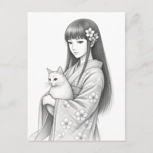 Japanisches Mädchen mit einer weißen Katze Postkarte