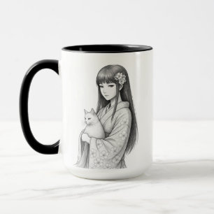 Japanisches Mädchen mit einer weißen Katze Tasse
