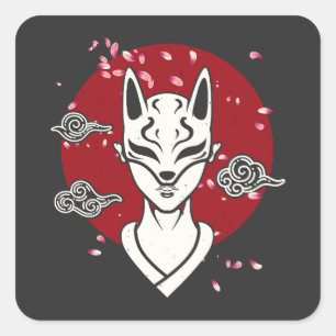 Japanisches Mädchen mit Oni Maske Japan Manga Anim Quadratischer Aufkleber