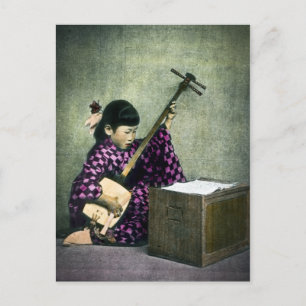 Japanisches Mädchen Musikerin Shamisen Vintage Postkarte