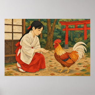 Japanisches Miko- und Hahn-Chigiri-e-Poster Poster
