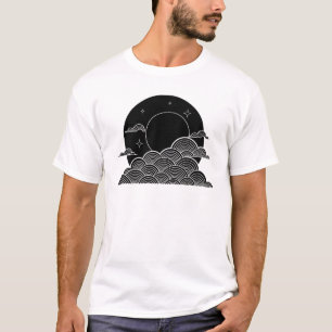 Japanisches Mondwelle-Minimalist- Schwarz-Weiß-T-S T-Shirt
