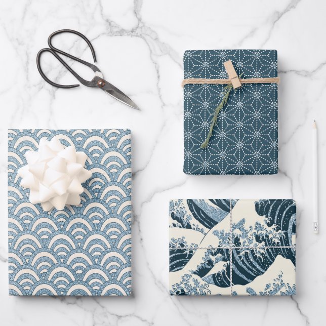 Japanisches Muster 3 Papierblätter Geschenkpapier Set (Vorderseite)