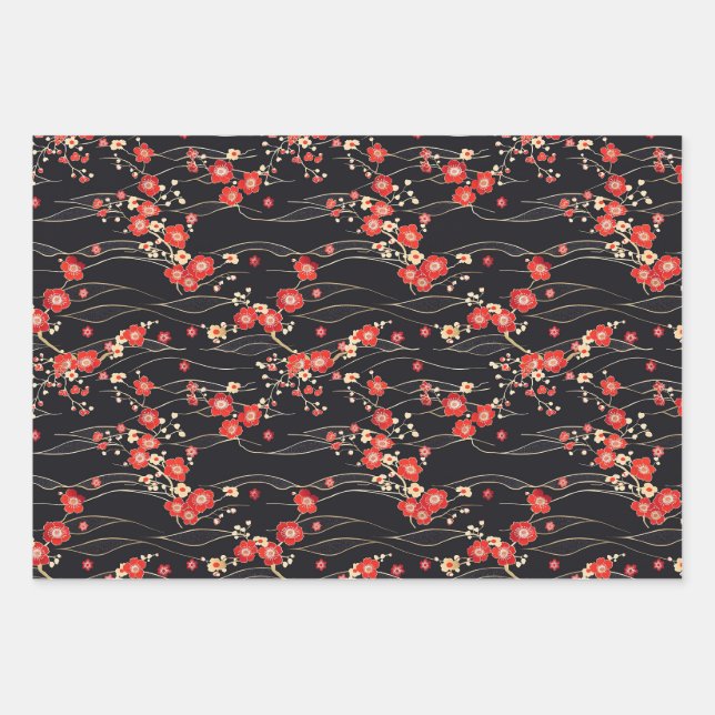Japanisches Pflaumenblossom-Wellenmuster Geschenkpapier Set (Vorderseite)