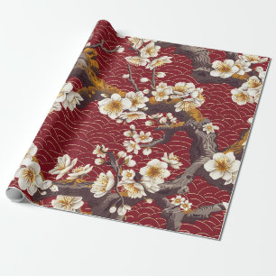 Japanisches Pflaumenblüten-Koralle-Creme-Burgunder Geschenkpapier