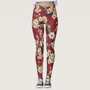 Japanisches Pflaumenblüten-Koralle-Creme-Burgunder Leggings