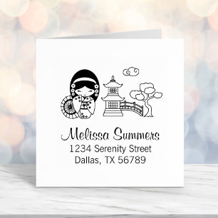 Japanisches Regenschirmmädchen in Kimono Permastempel