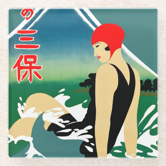 Japanisches Reiseplakat 1930er Art Deco Girl Glasuntersetzer (Vorderseite)