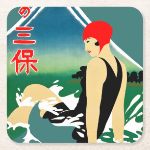 Japanisches Reiseplakat 1930er Art Deco Girl Rechteckiger Pappuntersetzer