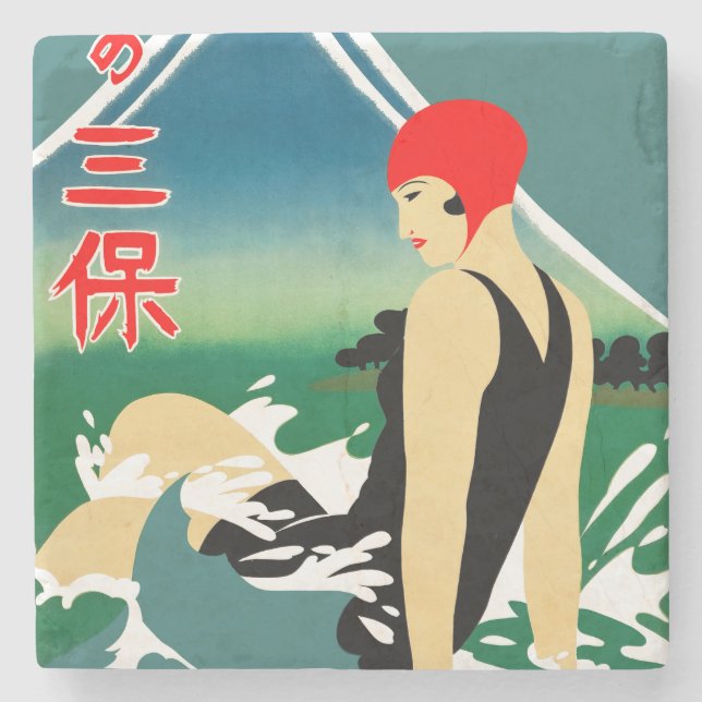Japanisches Reiseplakat 1930er Art Deco Girl Steinuntersetzer (Vorderseite)