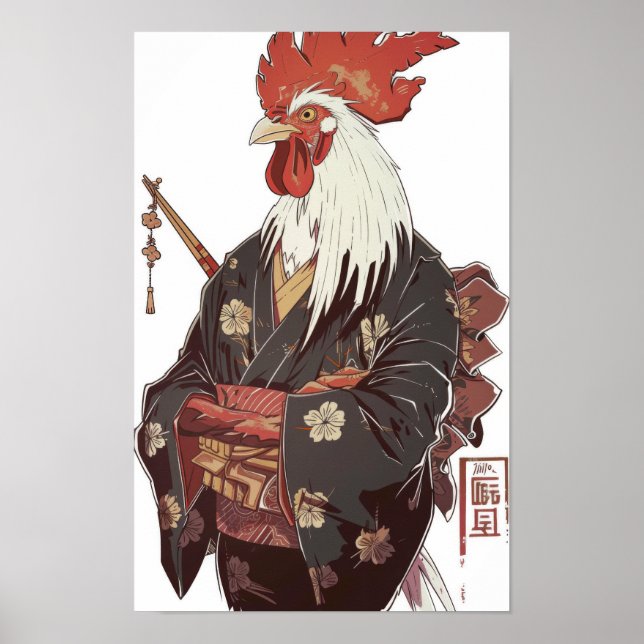 Japanisches Rooster in Kimono mit Chopsticks Poste Poster (Vorne)