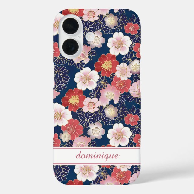 Japanisches rosa Blumenmuster mit Monogramm iPhone 16 Hülle (Rückseite)