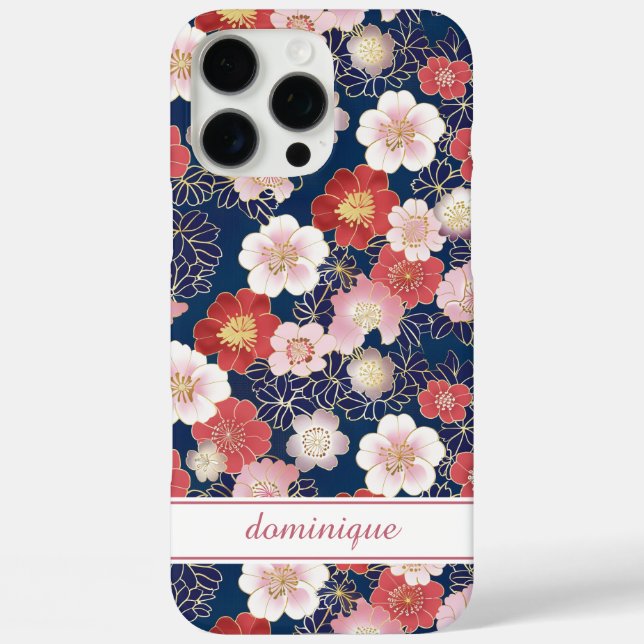 Japanisches rosa Blumenmuster mit Monogramm iPhone 16 Pro Max Hülle (Rückseite)