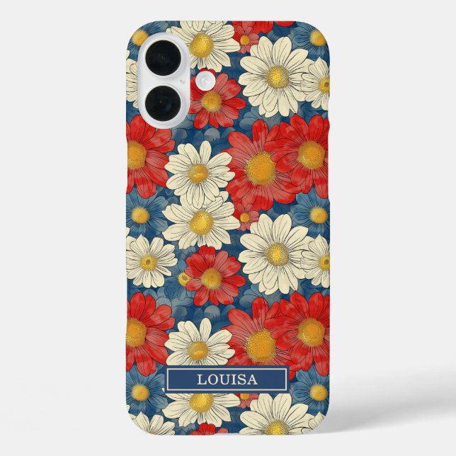 Japanisches rotes Blumenmuster mit Monogramm iPhone 16 Plus Hülle (Rückseite)