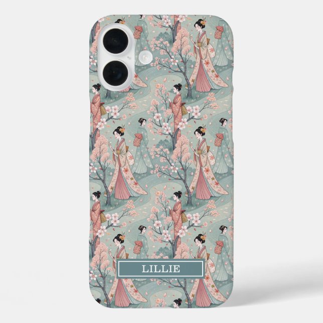 Japanisches Sakura-Geisha-Muster Monogramm iPhone 16 Plus Hülle (Rückseite)