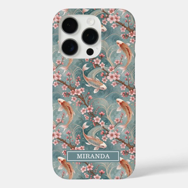 Japanisches Sakura-Koi-Fischmuster mit Monogramm iPhone 16 Pro Hülle (Rückseite)