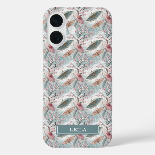 Japanisches Sakura-Schirm-Muster Monogramm iPhone 16 Hülle (Rückseite)