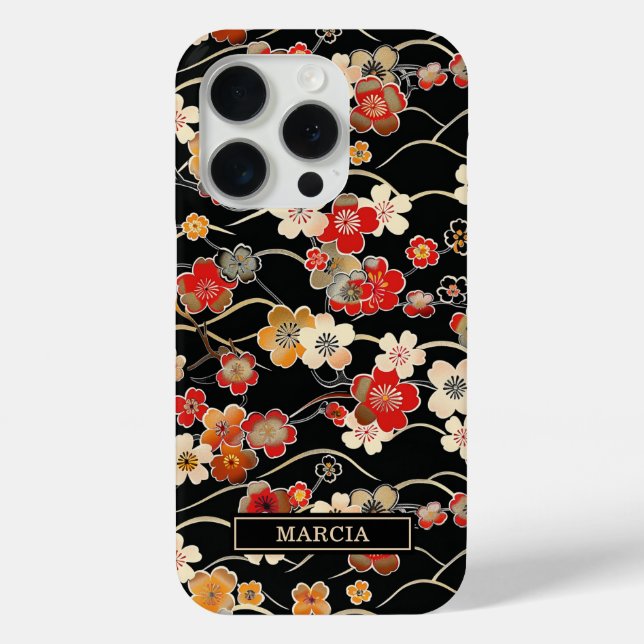 Japanisches schwarzes Blumenmuster mit Monogramm Case-Mate iPhone Hülle (Rückseite)
