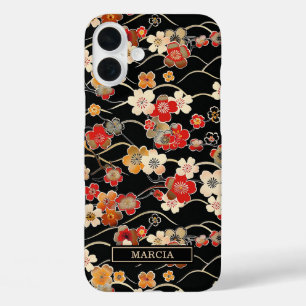 Japanisches schwarzes Blumenmuster mit Monogramm iPhone 16 Plus Hülle