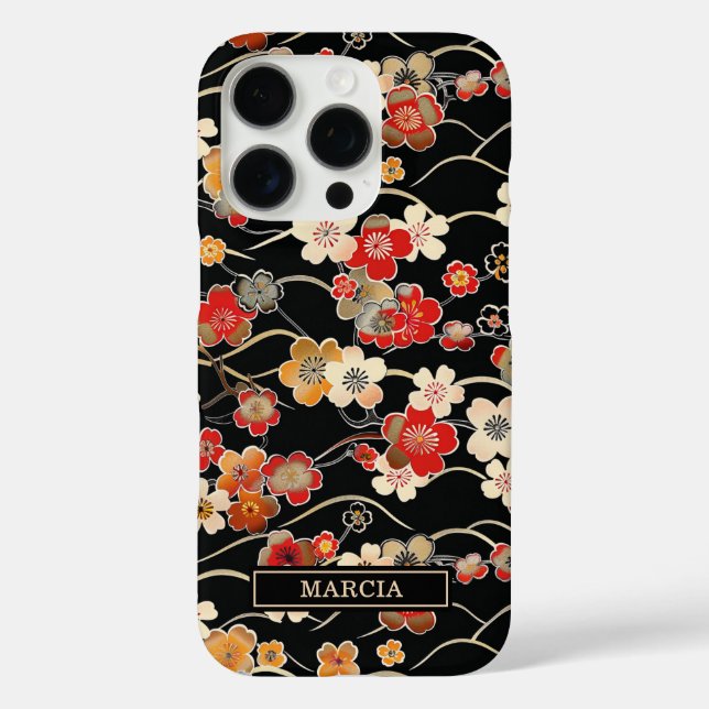Japanisches schwarzes Blumenmuster mit Monogramm iPhone 16 Pro Hülle (Rückseite)