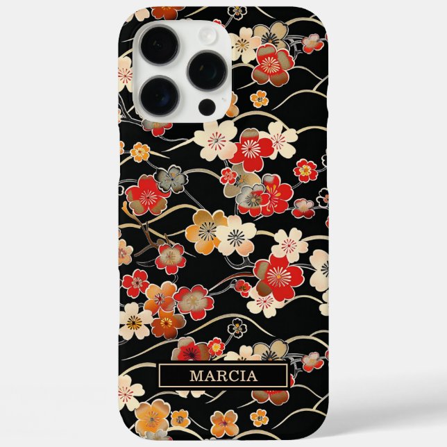 Japanisches schwarzes Blumenmuster mit Monogramm iPhone 16 Pro Max Hülle (Rückseite)